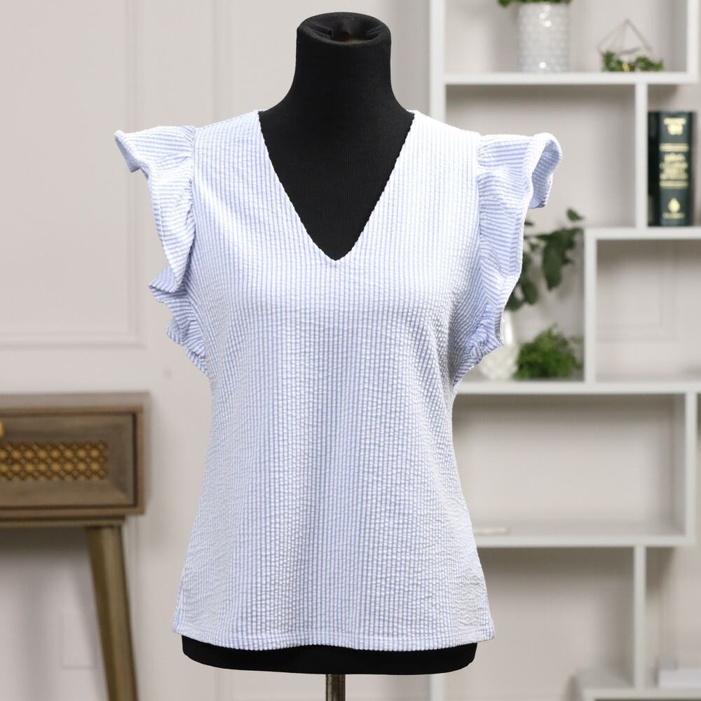 Michael Kors Blue & White Preppy Chic Stripe V-Neck Romantic Sleeve Top NWT
